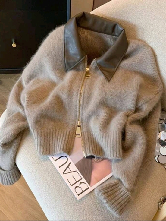 Sweaters - Women's Retro PU Collar Street Bohemian Punk Reversible Zipper Sweter